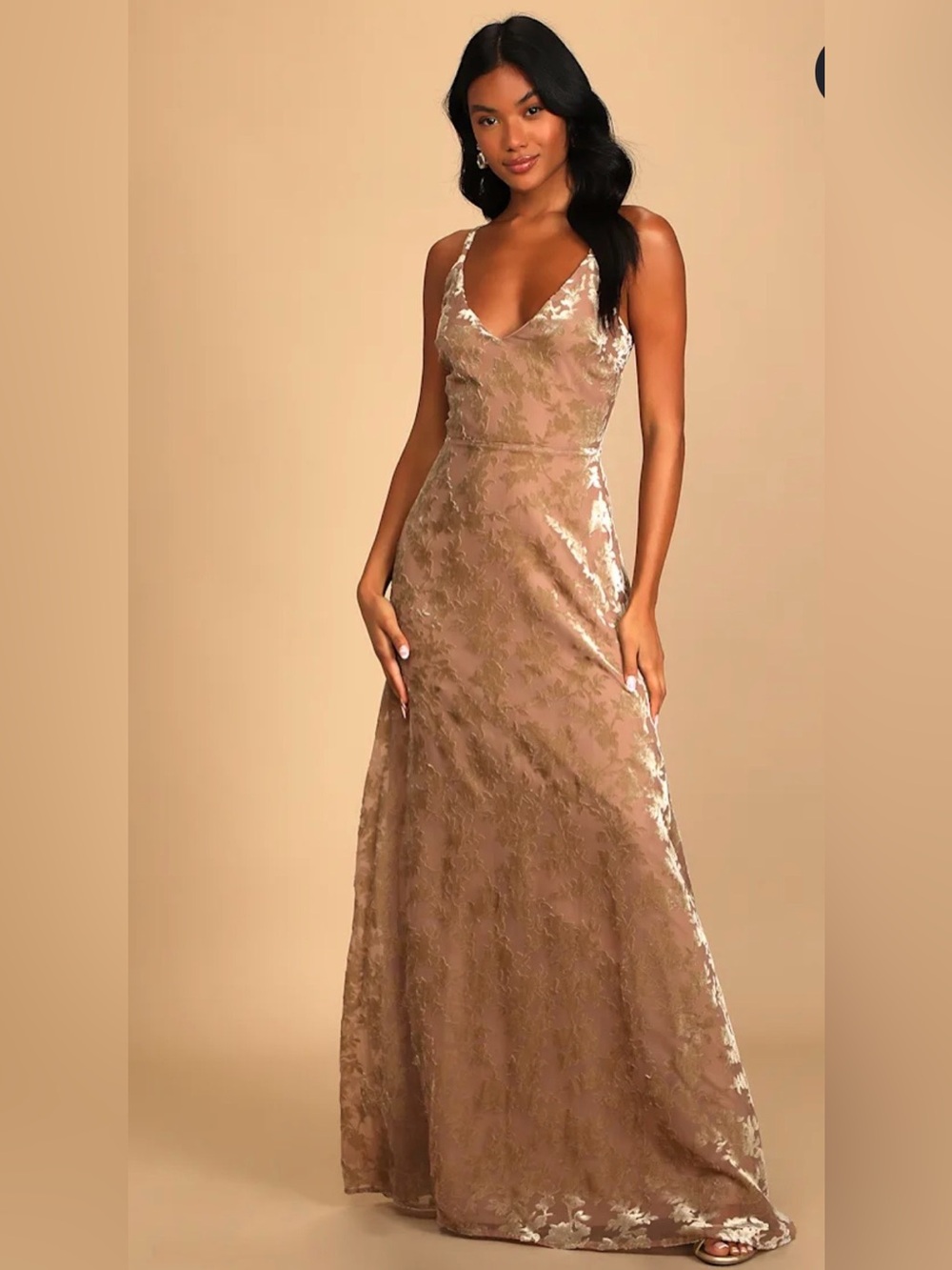 Lulus Maximum‎ Elegance Taupe Velvet Burnout Maxi Dress Size Large Slip Dress